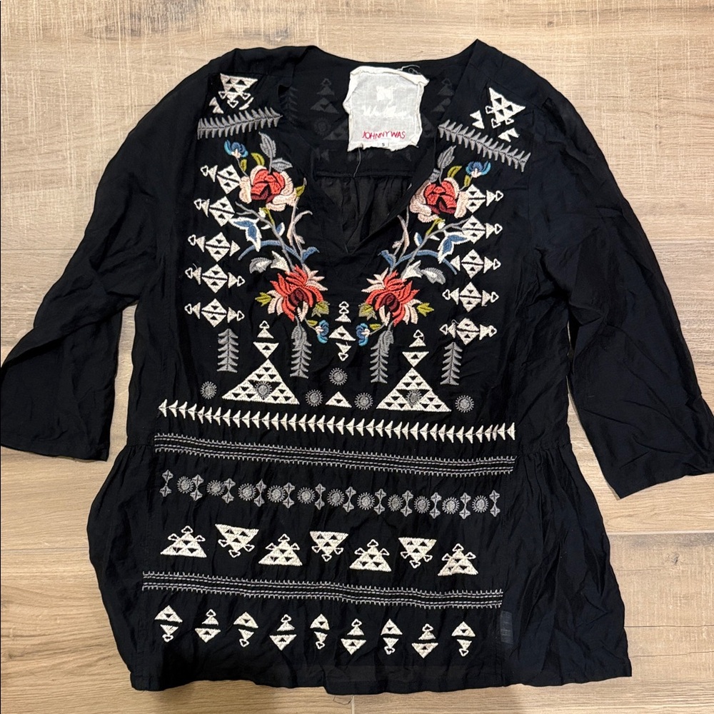 Johnny Was Black Blouse with Colorful Embroidery